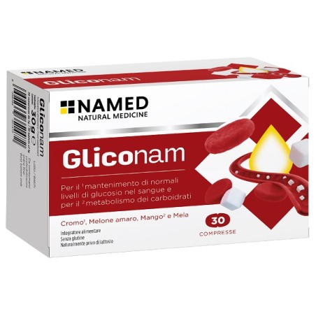 Confezione da 30 compresse di Gliconam Integratore Per Il Metabolismo Glucidico e Dei Carboidrati.