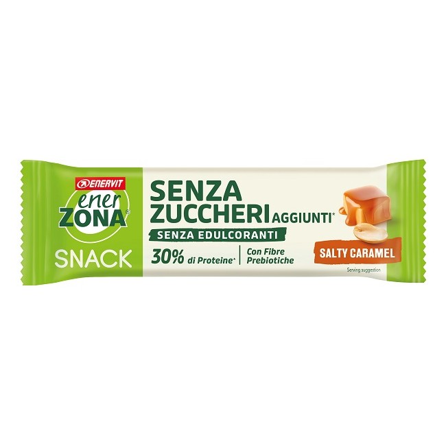 Barretta da 33 g in confezione singola di Enerzona Snack Caramello Salato, barretta ricca di proteine.
