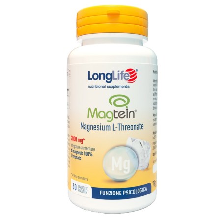 Confezione da 60 tavolette di Longlife Magtein, integratore per stress e capacità cognitive. Confezione da 60 tavolette di Longlife Magtein, integratore per stress e capacità cognitive.