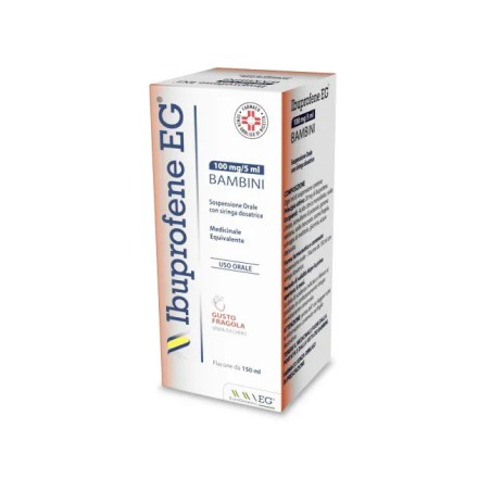 Flacone da 150 ml di EG Ibuprofene 100 Mg/Ml Farmaco Per Febbre e Influenza Dei Bambini Gusto Fragola.