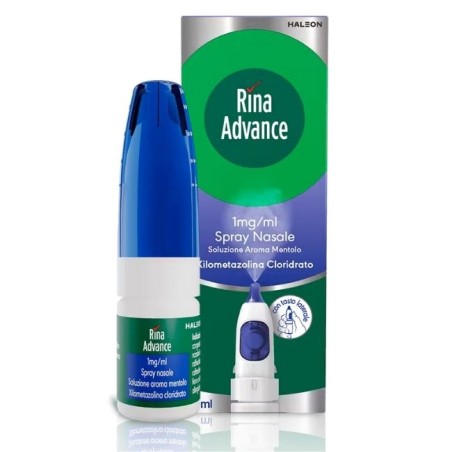 Confezione da 10 ml di Rina Advance Farmaco Decongestionante Per Naso Chiuso e Raffreddore Spray.