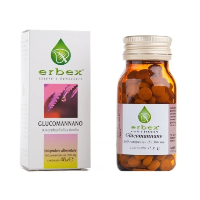 Confezione da 160 compresse di Erbex Glucomannano, integratore per facilitare la perdita di peso. Confezione da 160 compresse di Erbex Glucomannano, integratore per facilitare la perdita di peso.
