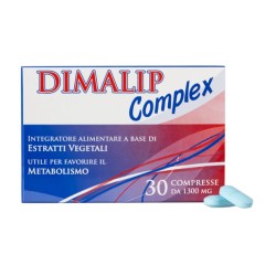 Confezione da 30 compresse di Dimalip Complex, integratore per il controllo del peso e della glicemia.