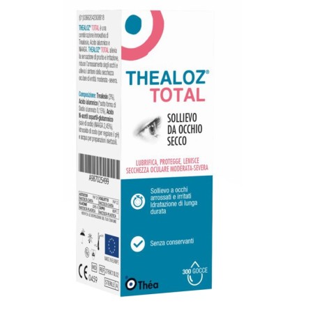Flacone da 10 ml di Thealoz Total Collirio Con Acido Ialuronico Per Secchezza Oculare. Flacone da 10 ml di Thealoz Total Collirio Con Acido Ialuronico Per Secchezza Oculare.
