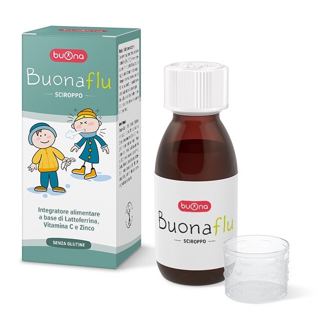 Flacone da 100 ml di Buonaflu Sciroppo Integratore Con Lattoferrina Per Le Difese Immunitarie. Flacone da 100 ml di Buonaflu Sciroppo Integratore Con Lattoferrina Per Le Difese Immunitarie.