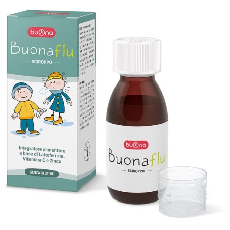 Flacone da 100 ml di Buonaflu Sciroppo Integratore Con Lattoferrina Per Le Difese Immunitarie. Flacone da 100 ml di Buonaflu Sciroppo Integratore Con Lattoferrina Per Le Difese Immunitarie.