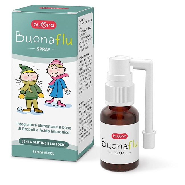 Flacone da 20 ml di Buonaflu Spray Integratore Con Propoli E Acido Ialuronico Contro il Mal Di Gola.