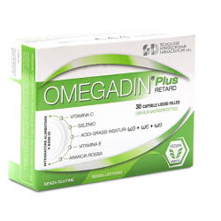 Confezione da 30 capsule di Omegadin P,us Retard, integratore per la salute cardiaca e cerebrale.