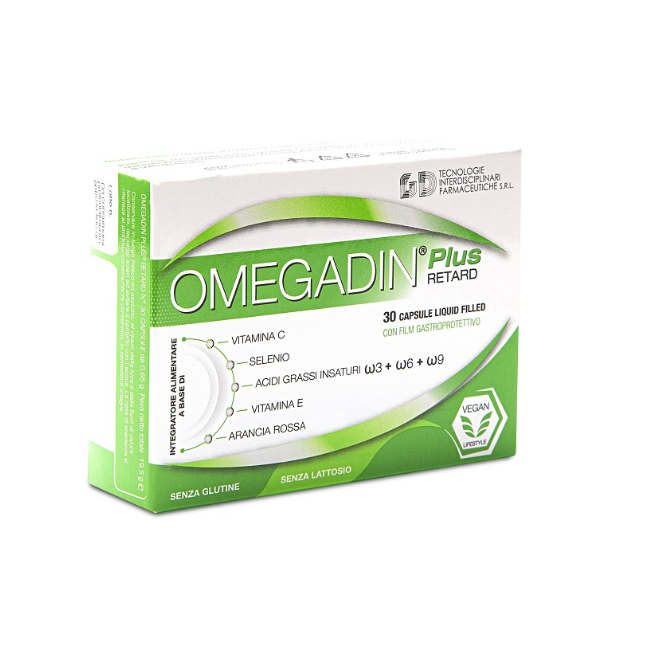Confezione da 30 capsule di Omegadin P,us Retard, integratore per la salute cardiaca e cerebrale.