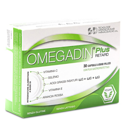 Confezione da 30 capsule di Omegadin P,us Retard, integratore per la salute cardiaca e cerebrale.