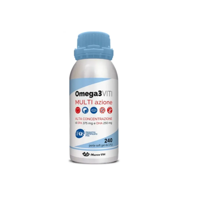 Barattolo da 240 perle di Marco Viti Omega 3 Multi Azione, integratore per funzione cardiaca, cerebrale e visiva.