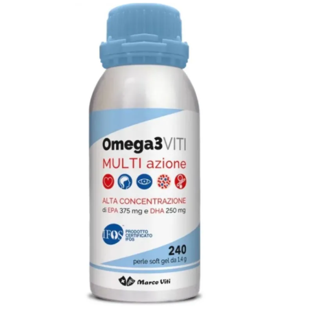 Barattolo da 240 perle di Marco Viti Omega 3 Multi Azione, integratore per funzione cardiaca, cerebrale e visiva.