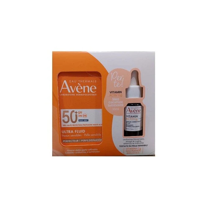 Cofanetto da 50 ml + 10 ml di Avene Solari Ultra Fluido Spf 50+ + Siero Vitamina C Cofanetto da 50 ml + 10 ml di Avene Solari Ultra Fluido Spf 50+ + Siero Vitamina C