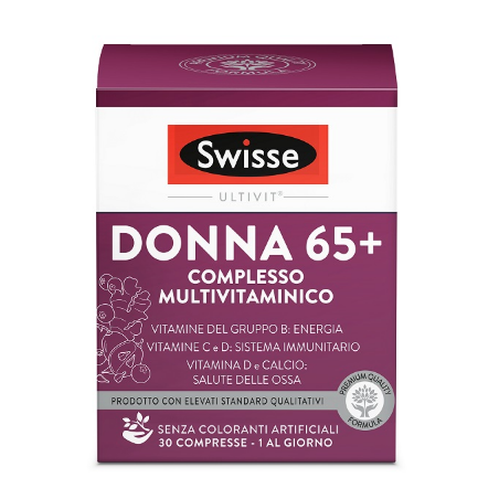 Confezione da 30 compresse di Swisse Donna 65+ Multivitaminico, integratore di vitamine e minerali per le donne. Confezione da 30 compresse di Swisse Donna 65+ Multivitaminico, integratore di vitamine e minerali per le donne.
