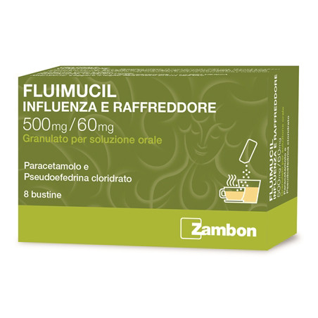 Confezione da 8 bustine di Fluimucil Influenza e Raffreddore, farmaco per febbre, mal di gola e naso chiuso.