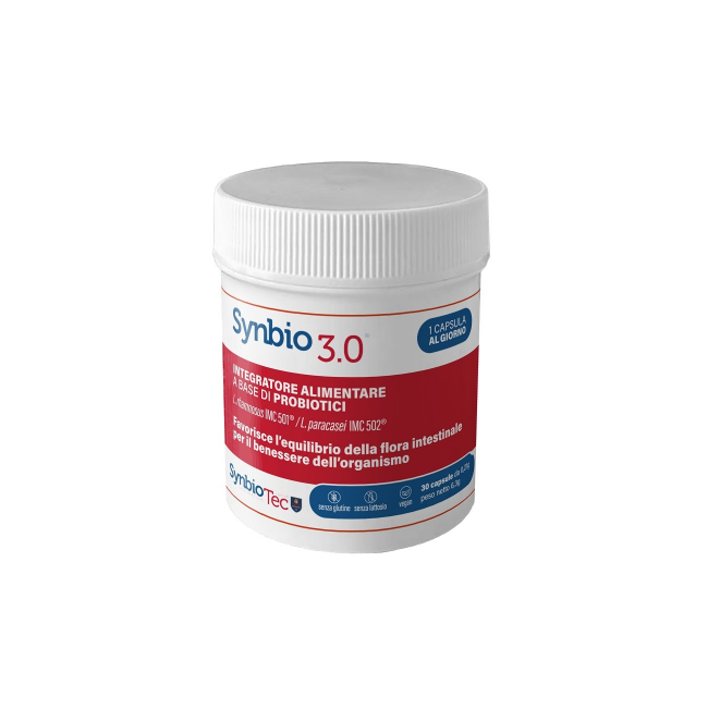 Confezione da 30 capsule di Synbio 3.0, integratore a base di probiotici.