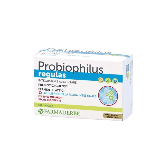 Confezione da 60 capsule di Probiophilus Regulas, integratore per il benessere intestinale.