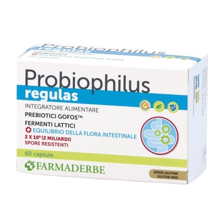Confezione da 60 capsule di Probiophilus Regulas, integratore per il benessere intestinale.