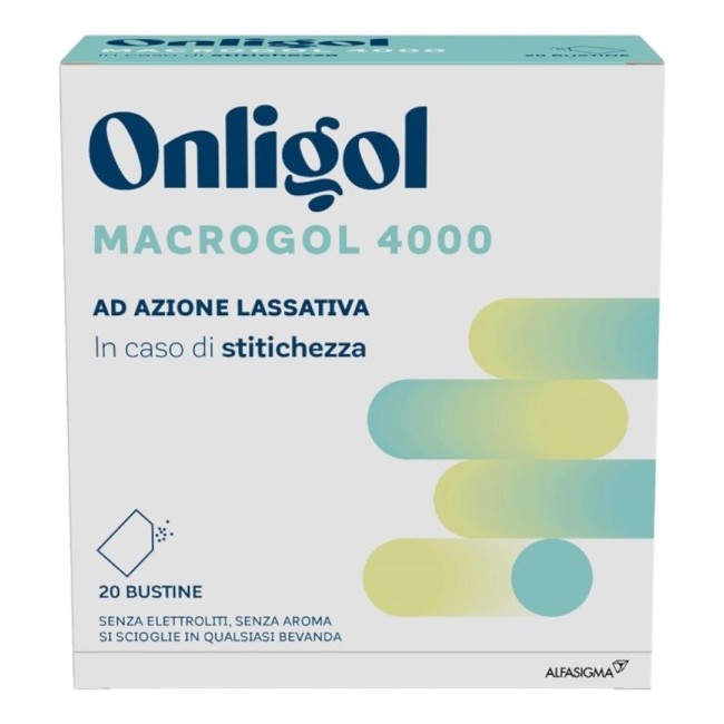 Confezione da 20 bustine di Onligol integratore per stitichezza a base di Macrogol 4000 Confezione da 20 bustine di Onligol integratore per stitichezza a base di Macrogol 4000