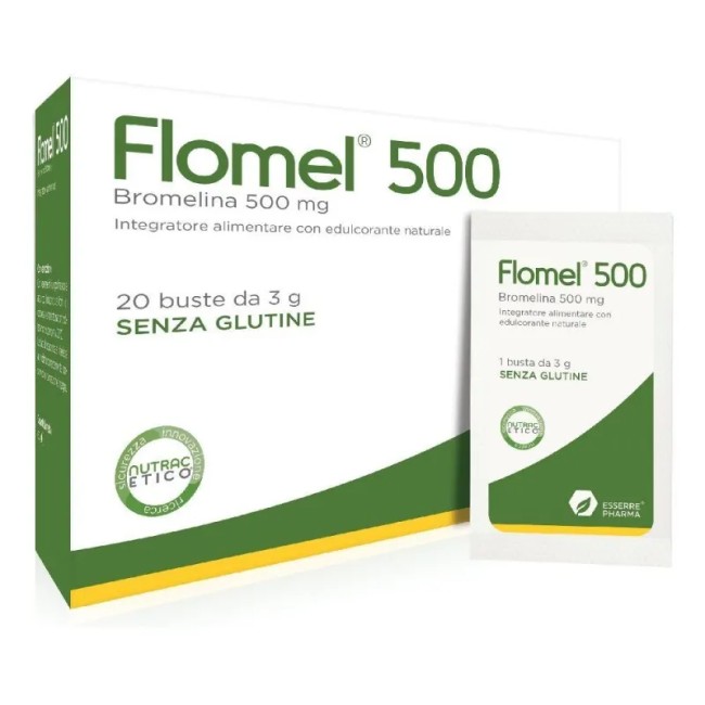 Confezione da 20 bustine di Flomel 500 Integratore Drenante Con Bromelina. Confezione da 20 bustine di Flomel 500 Integratore Drenante Con Bromelina.