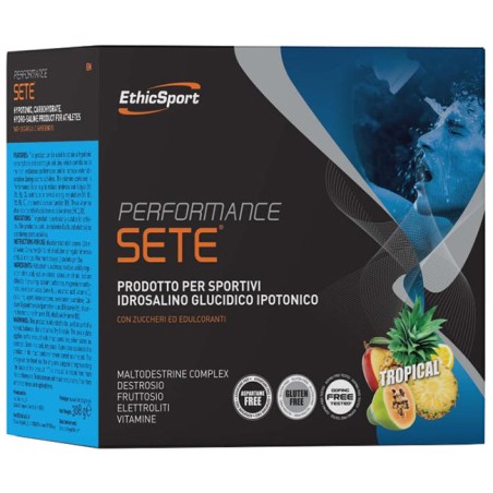 Confezione da 14 bustine di EthicSport Performance Sete Tropical, integratore per idratazione ed equilibrio elettrolitico.