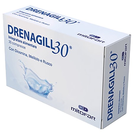 Confezione da 30 compresse di Mitofar Drenagill, integratore drenante contro la stasi linfatica. Confezione da 30 compresse di Mitofar Drenagill, integratore drenante contro la stasi linfatica.