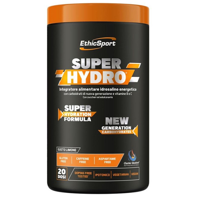 Barattolo da 500 grammi di EthicSport SuperHydro, integratore sportivo per aumentare la resistenza.