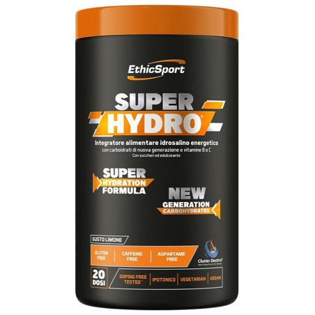 Barattolo da 500 grammi di EthicSport SuperHydro, integratore sportivo per aumentare la resistenza.
