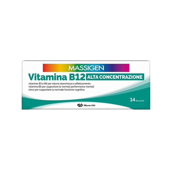 Confezione da 14 flaconcini di Massigen Vitamina B12 Alta Concentrazione Integratore Contro Stanchezza E Affaticamento.