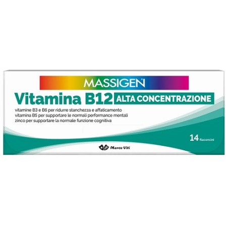 Confezione da 14 flaconcini di Massigen Vitamina B12 Alta Concentrazione Integratore Contro Stanchezza E Affaticamento.