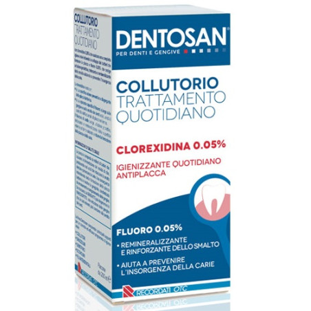Flacone da 200 ml di Dentosan collutorio 0,05%, utile per il trattamento antiplacca quotidiano.
