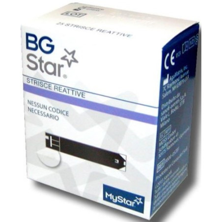 STRISCE MISURAZIONE GLICEMIA BGSTAR 25 PEZZI COMPATIBILI CON IL MISURATORE DELLA GLICEMIA MYSTAR EXTRA STRISCE MISURAZIONE GLICEMIA BGSTAR 25 PEZZI COMPATIBILI CON IL MISURATORE DELLA GLICEMIA MYSTAR EXTRA