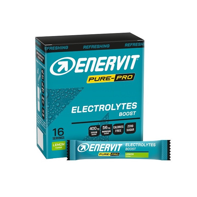 Confezione da 16 buste di Enervit Pure Pro Electrolytes Boost, integratore di sali minerali per sportivi. Confezione da 16 buste di Enervit Pure Pro Electrolytes Boost, integratore di sali minerali per sportivi.