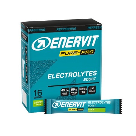 Confezione da 16 buste di Enervit Pure Pro Electrolytes Boost, integratore di sali minerali per sportivi. Confezione da 16 buste di Enervit Pure Pro Electrolytes Boost, integratore di sali minerali per sportivi.