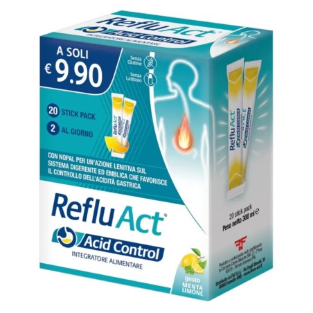 Confezione da 20 stick di Reflu Act Acid Control Integratore Per Acidità Gastrica e Reflusso.