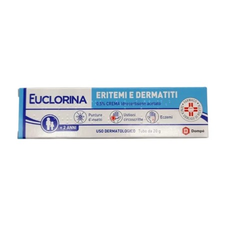 Tubo da 20 grammi di Euclorina Eritemi, crema per punture, eczemi, irritazioni. Tubo da 20 grammi di Euclorina Eritemi, crema per punture, eczemi, irritazioni.