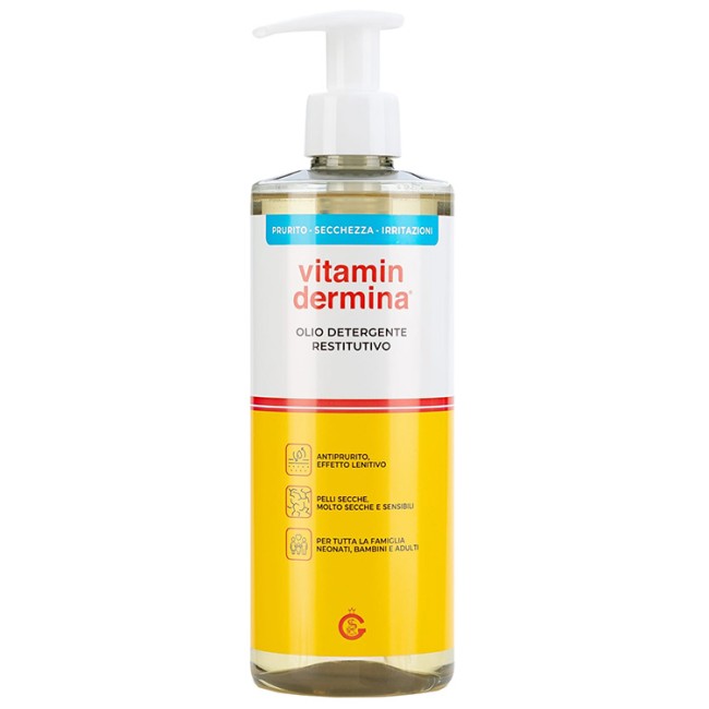 Flacone da 500 ml di Vitamindermina Olio Detergente Restitutivo Per Pelle Sensibile E Reattiva. Flacone da 500 ml di Vitamindermina Olio Detergente Restitutivo Per Pelle Sensibile E Reattiva.