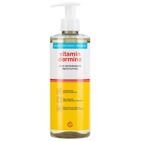 Flacone da 500 ml di Vitamindermina Olio Detergente Restitutivo Per Pelle Sensibile E Reattiva. Flacone da 500 ml di Vitamindermina Olio Detergente Restitutivo Per Pelle Sensibile E Reattiva.
