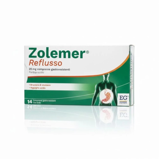 Confezione da 14 compresse di EG Zolemer Farmaco Per Acidità E Mal Di Stomaco Pantoprazolo 20 Mg.