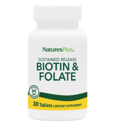 Confezione da 30 tavolette di Natures Plus Biotin & Folate, integratore ad azione ricostituente.