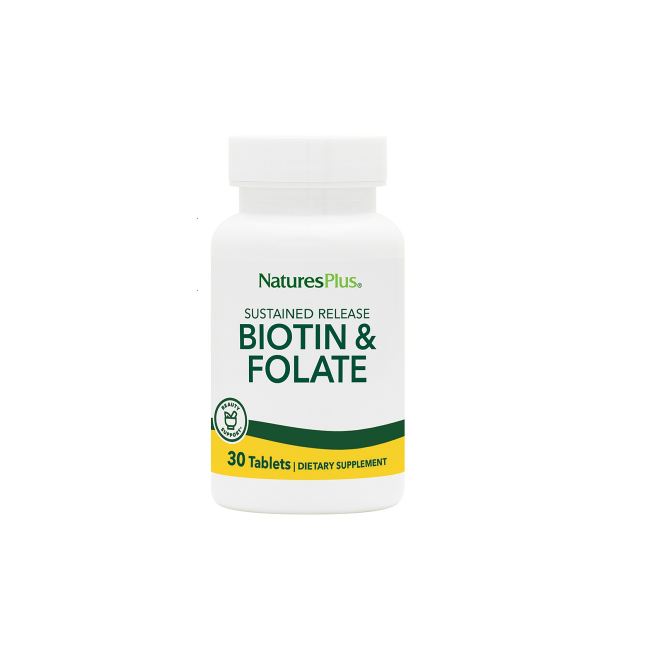 Confezione da 30 tavolette di Natures Plus Biotin & Folate, integratore ad azione ricostituente.