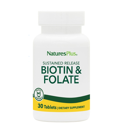 Confezione da 30 tavolette di Natures Plus Biotin & Folate, integratore ad azione ricostituente.