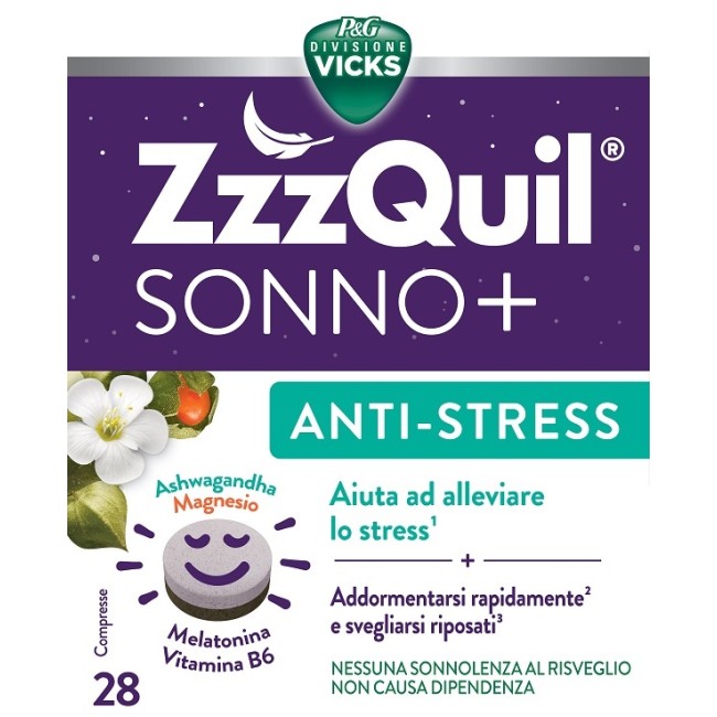 Confezione da 28 compresse di Vicks ZzzQuil Sonno+Anti Stress, integratore per il benessere fisico e mentale.