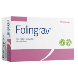 Confezione da 100 compresse di Folingrav, integratore con acido folico per donne in età fertile o in gravidanza.