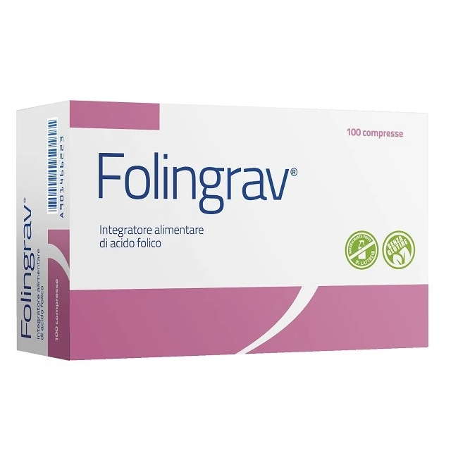 Confezione da 100 compresse di Folingrav, integratore con acido folico per donne in età fertile o in gravidanza. Confezione da 100 compresse di Folingrav, integratore con acido folico per donne in età fertile o in gravidanza.