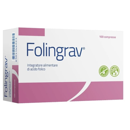 Confezione da 100 compresse di Folingrav, integratore con acido folico per donne in età fertile o in gravidanza. Confezione da 100 compresse di Folingrav, integratore con acido folico per donne in età fertile o in gravidanza.