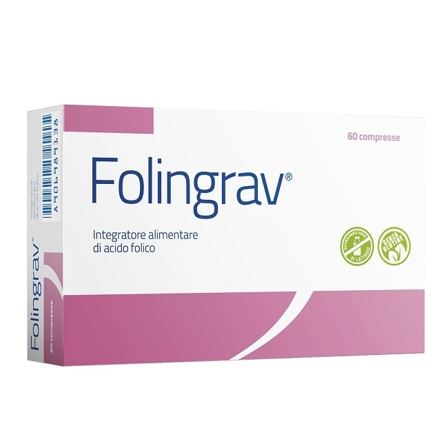 Confezione da 60 compresse di Folingrav, integratore di acido folico per donne in gravidanza