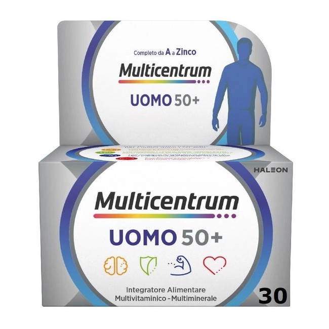 Confezione da 30 compresse di Multicentrum uomo 50+  multivitaminico e multiminerale per uomini sopra i 50 anni.