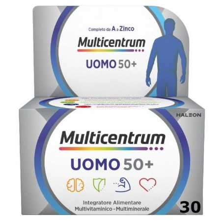 Confezione da 30 compresse di Multicentrum uomo 50+  multivitaminico e multiminerale per uomini sopra i 50 anni.