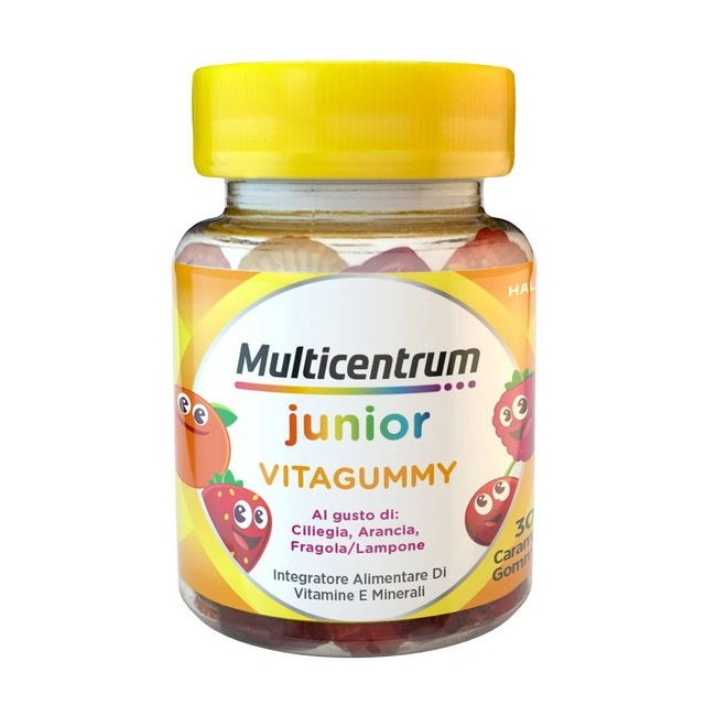 Flacone da 30 caramelle gommose di Multicentrum VitaGummy, integratore di vitamine specifico per i bambini. Flacone da 30 caramelle gommose di Multicentrum VitaGummy, integratore di vitamine specifico per i bambini.